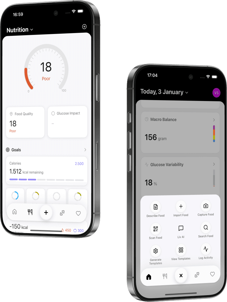 Livvay App mostrando o painel do dia com Score, registro de comida e progresso
