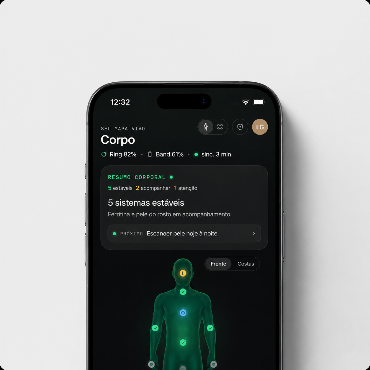App Livvay com mapa corporal e resumo de sistemas.