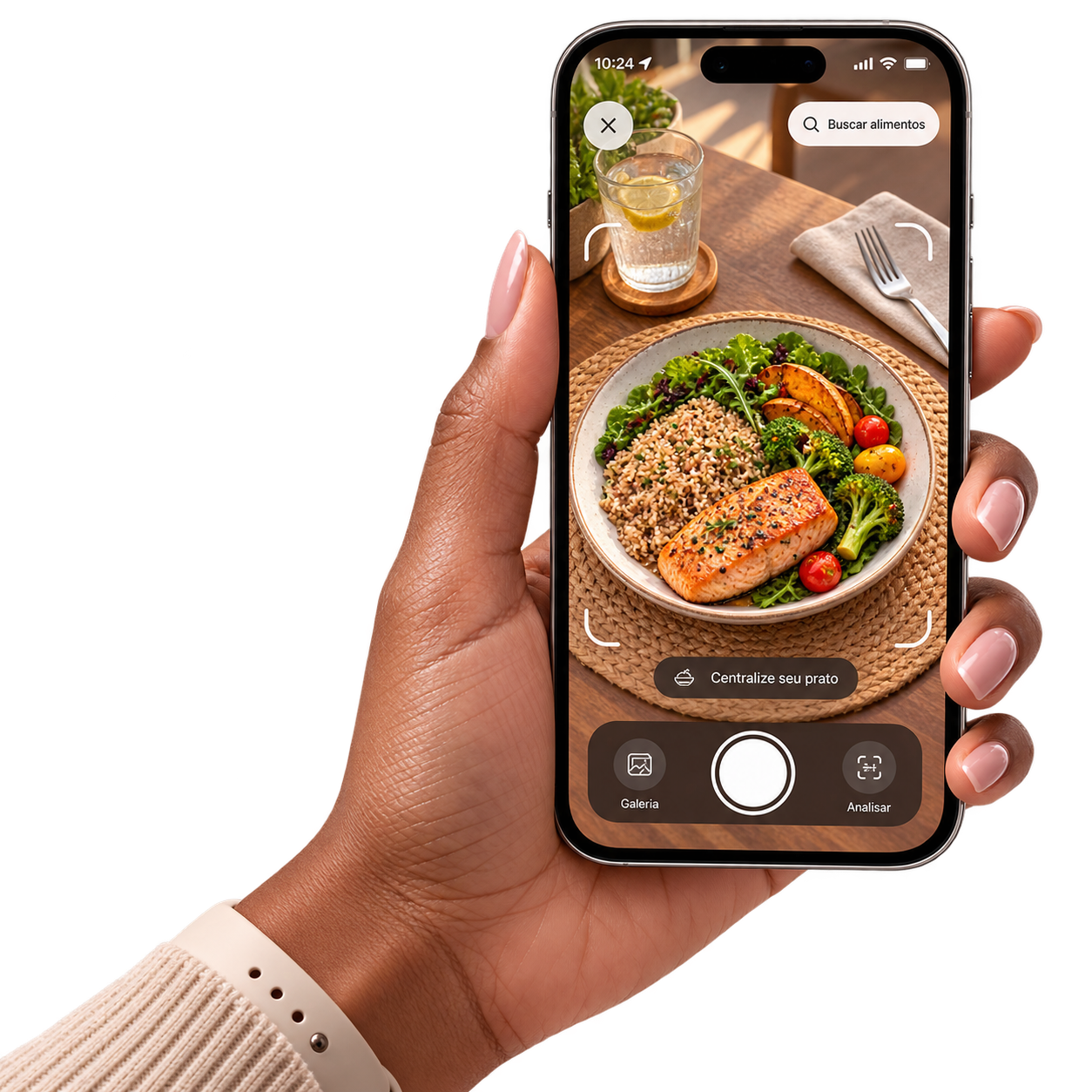 Celular Livvay enquadrando um prato de salmão, arroz e brócolis.
