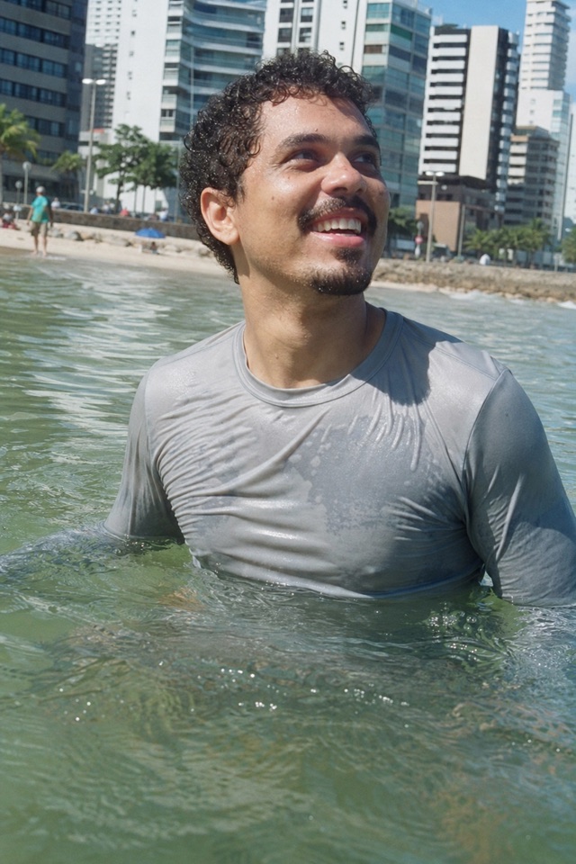 Thiago ri olhando para o céu, em pé no mar em Recife.